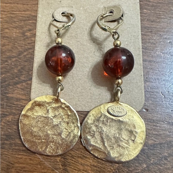 Kenneth J Lane Pierced Earrings Toffee Beads w Hammered Gold Tone Discs 2.25” - Picture 6 of 8